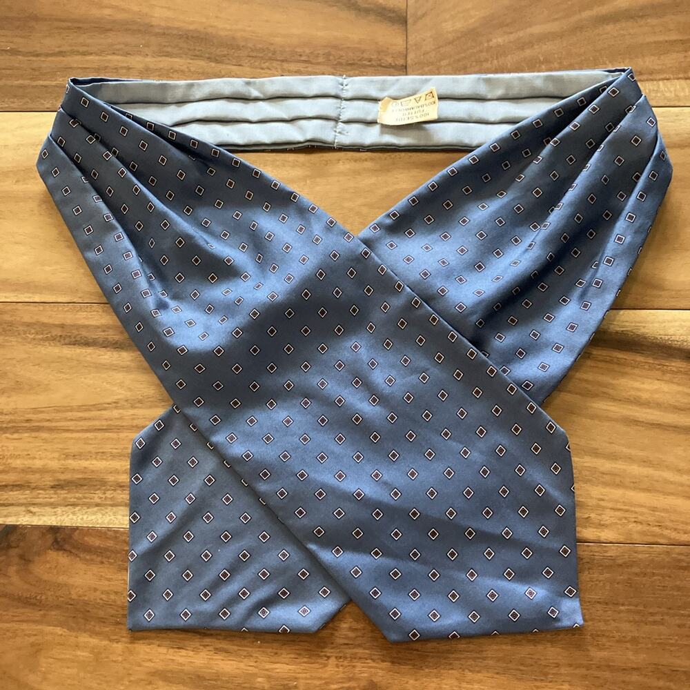 Vintage 1960s Silk Ascot Cravat Tie Necktie Blue Geometric Germany Classy Luxury